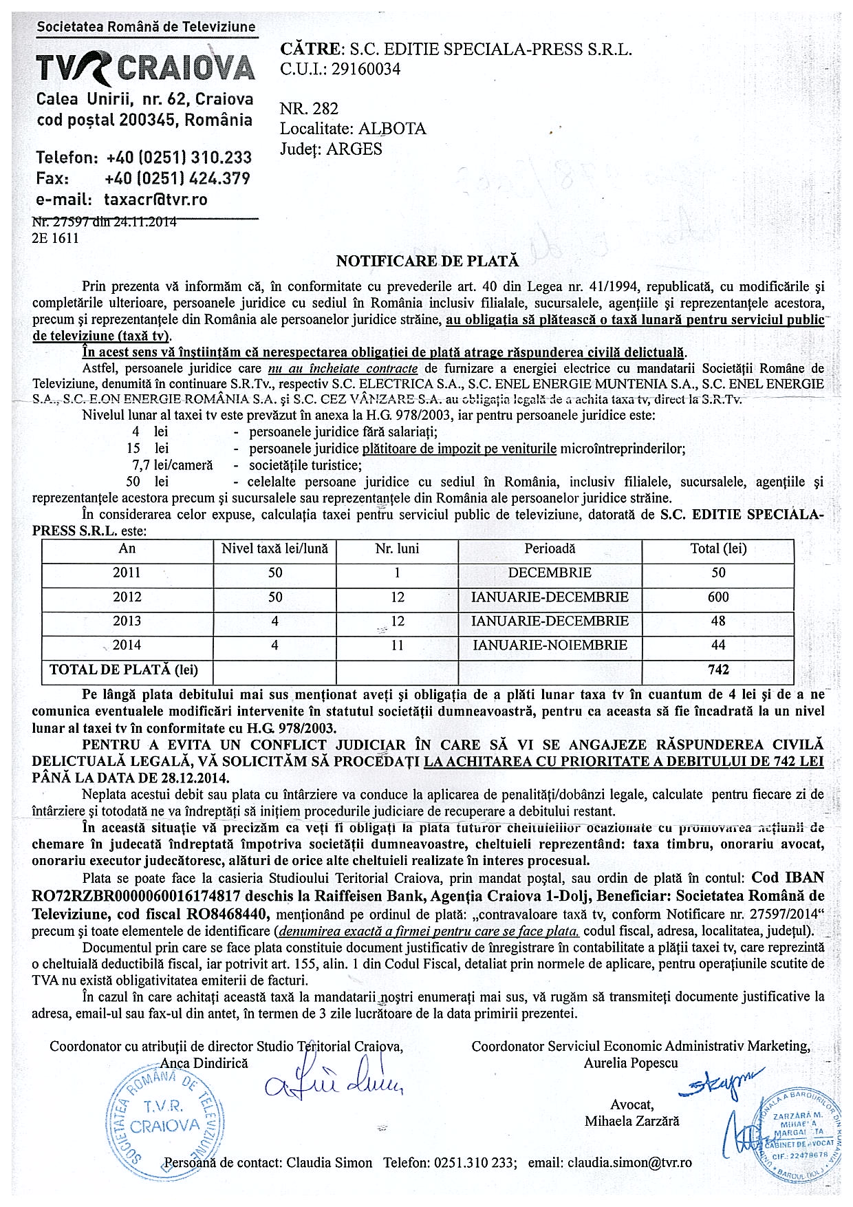 Notificarea de plata TVR Craiova 